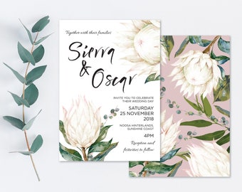 White Protea Wedding Invitation: Greenery Eucalyptus Floral (PDF)