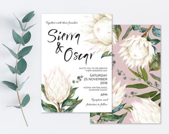 White Protea Wedding Invite, Greenery Wedding Invitation, Floral Invitation, Eucalyptus Invitation, Rustic