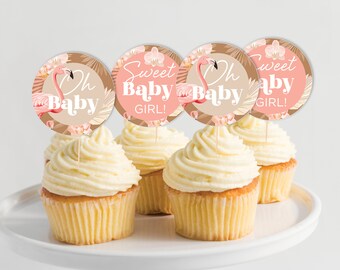 Girl Baby Shower Cupcake Toppers, Pink Printable Cupcake Topper, Flamingo Cupcake topper, Boho Baby Shower Cupcake Topper, Instant download