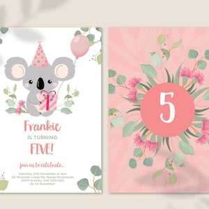 Koala-Geburtstagseinladung Mädchen, australische Tierparty, Busch-Thema 1. Geburtstag, einheimische Blumen einladen, benutzerdefiniertes Alter, druckbare digitale Datei