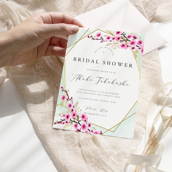 Japan, Cherry blossom Bridal Shower Invitation Template, watercolour Pale Green, Instant Download, Printable, Editable Bridal Invites