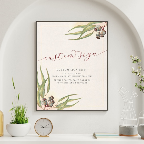 Eucalyptus Gumnuts, Olive, Custom Wedding Signs, Editable Template, Printable Wedding Poster, Reception Decor, Greenery Gum leaves Sign, DIY