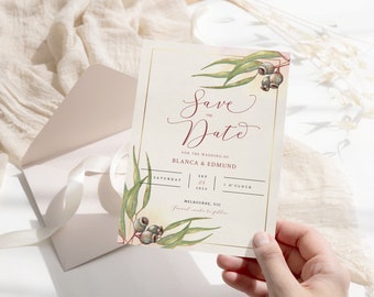 Eucalyptus Gumnut, Olive, Greenery Save the Date Card, Printable Boho Watercolor, INSTANT DOWNLOAD, Printable Cards Editable Template, DIY