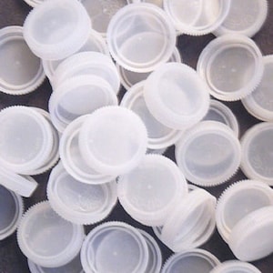 50 Clear White Bottled Water Plastic Bottle Caps Lids Kids Crafts Upcycle 