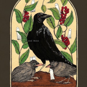 Baby Crows Fine Art Print | Dark Cottagecore Decor | Goblincore Decor | Whimsigoth Art | Corvus Art | Chokeberries