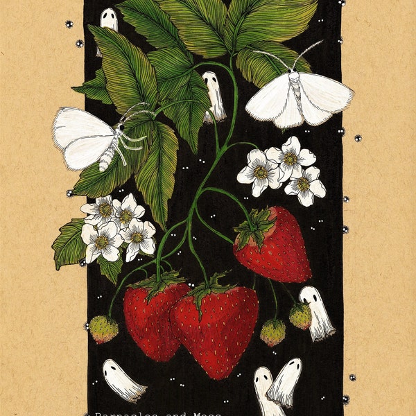 Strawberries & Soot Sprites Fine Art Print | Strawberry Artwork | Dark Cottagecore | Goblincore | Botanical Illustration | White Moth