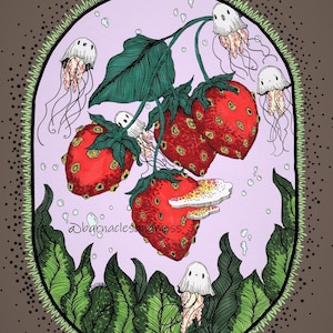 Strawberry Sea Fine Art Print | Goblincore Decor | Whimsigoth Decor | Jellyfish Ghosts | Scientific Surrealism