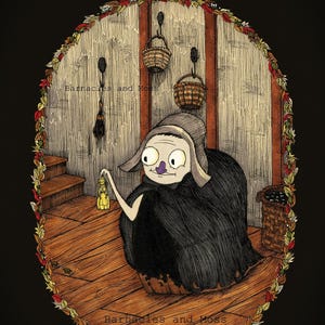 Könnte beinhalten: Illustration einer Cartoon-Hexe, die eine Laterne hält, in einem rustikalen Innenraum mit Körben und einem Kürbis. Das Kunstwerk hat ein Halloween-Thema, mit dem Text "Barnacles and Moss" sichtbar.