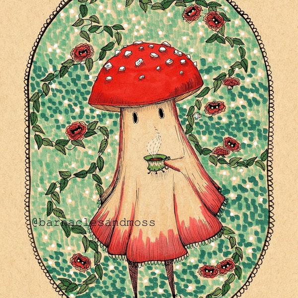 Tea For You, Coffee For Me Fine Art Print | Black Cat Art | Whimsigoth | Goblincore | Vintage Art Print | Fly Agaric Art Print