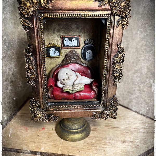 One of a kind miniature diorama Ghost Reading while reclining