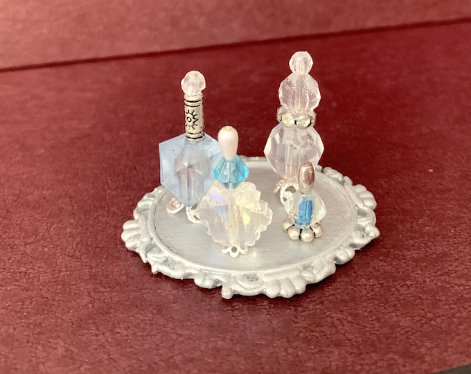 4 Miniature Perfume Bottles and Silver Tray, Doll Perfume Bottles, Doll
