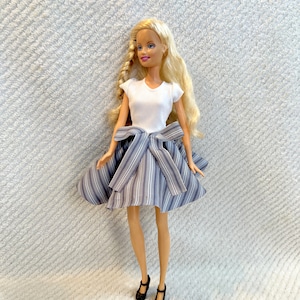 Cute Doll Dress with a Full Gray Stripe Skirt and White Top