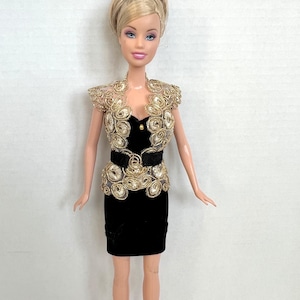 black barbie gold dress Black wedding dress with gold accents for barbie dolls  The Doll Tailor