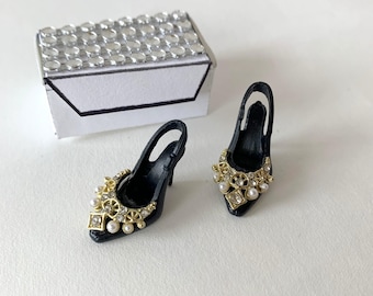 Beautiful Doll Shoes, and Shoe Box, Black Slingback Doll Shoes, Doll Accessories, Diamond and Pearls Shoes