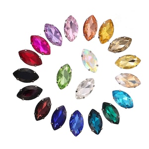 50pcs Navette Horse Eye Sew on Silver 4 Claw Button Glass Rhinestone Crystal 23 Color,DIY Garment Jewelry Wedding Dress 17*32mm  Accessories