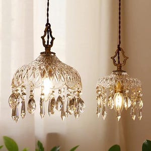 French Vintage Brass Glass Chandelier | Handmade Glass Crystal Pendant | Pendant Light Fixture | Dining Room Crystal Lamp | Home Art Decor