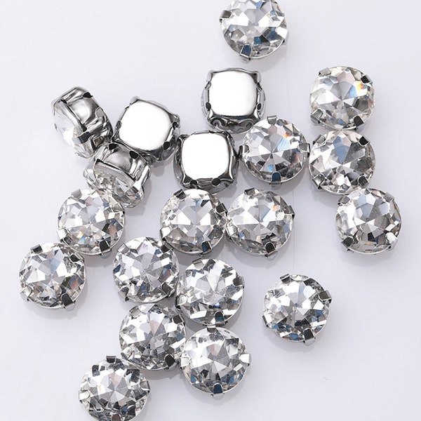 50pcs Crystal Clear Sew On Rhinestone With Claw Diy Dress Stones Round Shape Glass Rhinestones For Clothing, Sliver Flatback Rhinestone