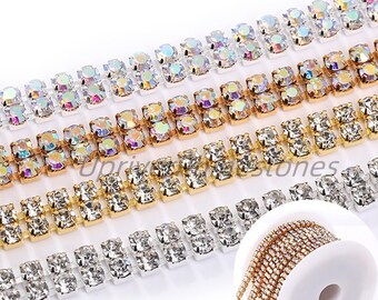 10yards AB Rhinestone Chain, Silver Gold Base Crystal Glass Chain, Colorful Double Row Claw Chain, Diy Jewelry Accessories Rhinestone Chain