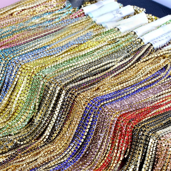 10 Yards Gold Bottom Multicolor Rhinestone Chain, DIY Shiny Rhinestone Claw Chain, Colorful Rhinestone Cup Chain, Clothing Accessories