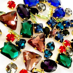 50pcs Mixed Color Glass Sew On Rhinestone in Claw,Assorted Color Sew on Glass Crystal Stone with Catcher,Sew On Rhinestone With Brass 4x18mm