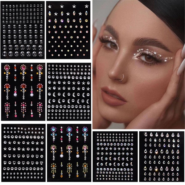 Autocollants de tatouage jetables Bijoux visage Couleur Cristal Diamant DIY Yeux Visage Corps Imperméable Maquillage Décorations Strass