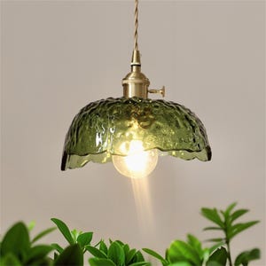 Green Hammer Pattern Glass Chandelier | Minimalist Glass Pendant Light | Pendant Light Fixture | Vintage Dining Room Light | Home Art Decor