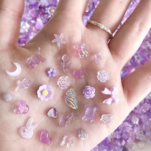 50 Pcs Purple - Mixed Shape Nail Charms, Mix Shape Resin Nail Art, Random Mixed Resin Flowers Butterfly Nail Charms, Shiny Nail Rhinestone