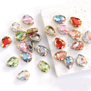 50pcs TearDrop Sew On Rhinestone in Claw, 6 Colors Sewn Crystal Glass Rhinestone, DIY Dress Gem Rhinestones With Claw, Clothing Accessories