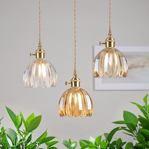 Vintage Floral Chandelier | Handmade Floral Glass Pendant | Brass Pendant Light Fixture | Flower Modern Dining Room Light | Home Art Decor