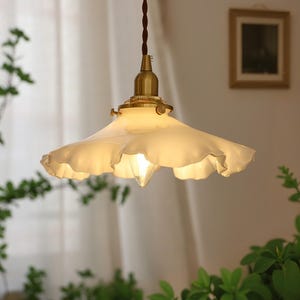 Milky white Floral Glass Chandelier | Handmade Floral Brass Pendant | French Flower Pendant Light Fixture | Dining Room Light | Home Decor