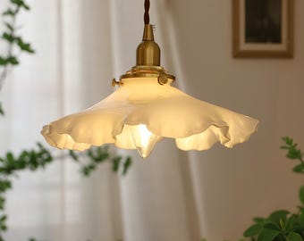 Milky white Floral Glass Chandelier | Handmade Floral Brass Pendant | French Flower Pendant Light Fixture | Dining Room Light | Home Decor