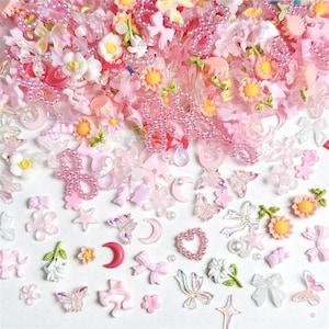 50 Pcs Pink- Mixed Shape Nail Charms, Mixed Shape Resin Nail Art, Random Mixed Resin Flowers Butterfly Nail Charms, Shiny Nail Rhinestone