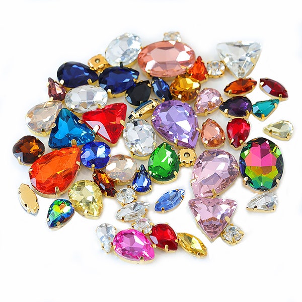 50 pcs couleurs mélangées à coudre sur strass avec griffes, pierres de bricolage, strass en verre de formes variées pour vêtements, strass à coudre