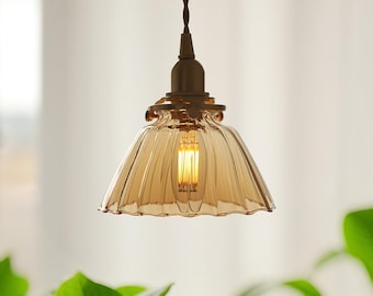 Vintage Stripe Chandelier | Handmade Stripe Glass Pendant | Brass Pendant Light Fixture | Stripe Modern Dining Room Light | Home Art Decor