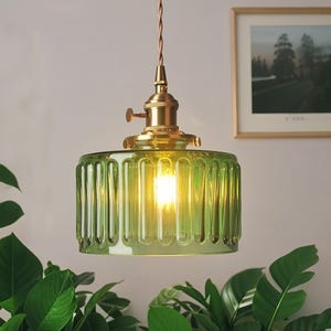 Green Stripe Glass Chandelier | Handmade Green Glass Pendant Light | Pendant Light Fixture | Vintage Dining Room Light | Home Art Decor
