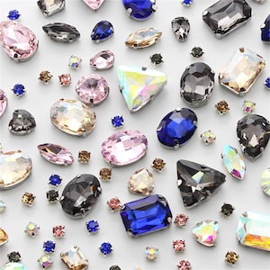 100pcs Mixed Size Glass Sew On Rhinestone in Claw, Mixed Color Sew on Glass Crystal Stone with Catcher, Sew On Rhinestone With Brass