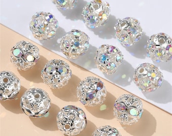 10pcs Crystal Round Ball Beads, 6mm/8mm Rhinestone Beads, Crystal Disco Ball Beads, Rhinestone Spacers, Crystal AB, Bracelet Beads Jewelry
