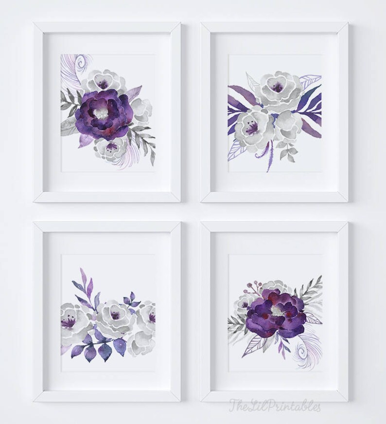 Set Of 4 Printables Gray Wall Art Purple Silver Fls Flowers Fl Decor Fs01