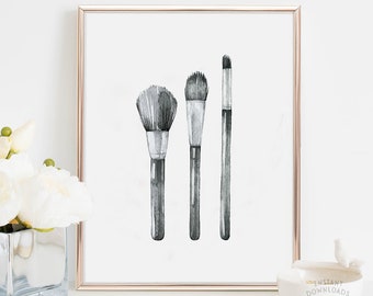 Makeup Brush Print, Makeup Brushes Wall Art, Makeup Tool Print, Black Wall Art, Black Print, Feminine Decor, Watercolor Makeup, Brush Set