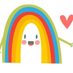 May include: A rainbow with a smiling face reaches out to a blue figure with a heart above them.
