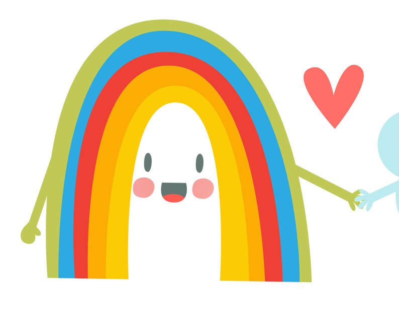 May include: A rainbow with a smiling face reaches out to a blue figure with a heart above them.