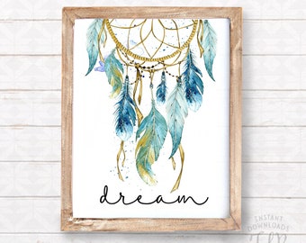 Blue Dreamcatcher, Dream Printable, Tribal Wall Decor, Bohemian Wall Print, Teen Wall Art, Wall Art Printable, Watercolor Dreamcatcher Print
