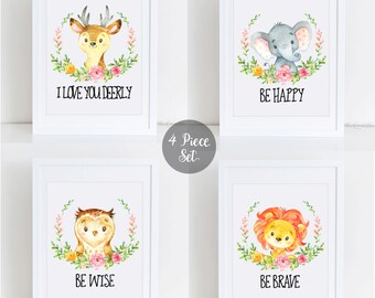 Watercolor Animal Set Printables, Nursery Animals, Woodland Animal Printable, Be Brave, Be Happy, Be Wise, Floral Wreath Printable Art, W02