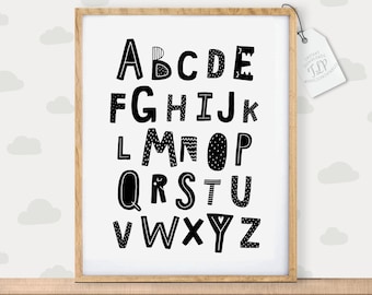 Alphabet Print, Alphabet Kids Room Print, Kids Room Decor, Baby Room Wall Art, Elementary School Wall Decor, Black and White Nursery Print