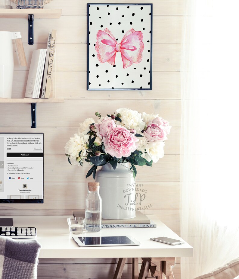 Pink Wall Art, Pink Wall Decor, Bow Print, Ribbon Print, Cute Print ...