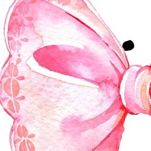 May include: A pink watercolor bow with a white lace pattern. The bow is tied in a knot and the ends are curled.