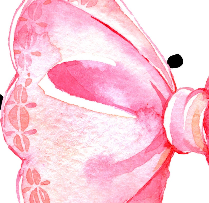 May include: A pink watercolor bow with a white lace pattern. The bow is tied in a knot and the ends are curled.