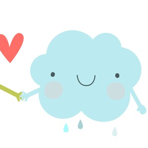 May include: A blue cartoon cloud with a smiling face and two small arms is holding hands with a rainbow. The cloud is raining blue raindrops. A red heart is in the upper left corner of the image.