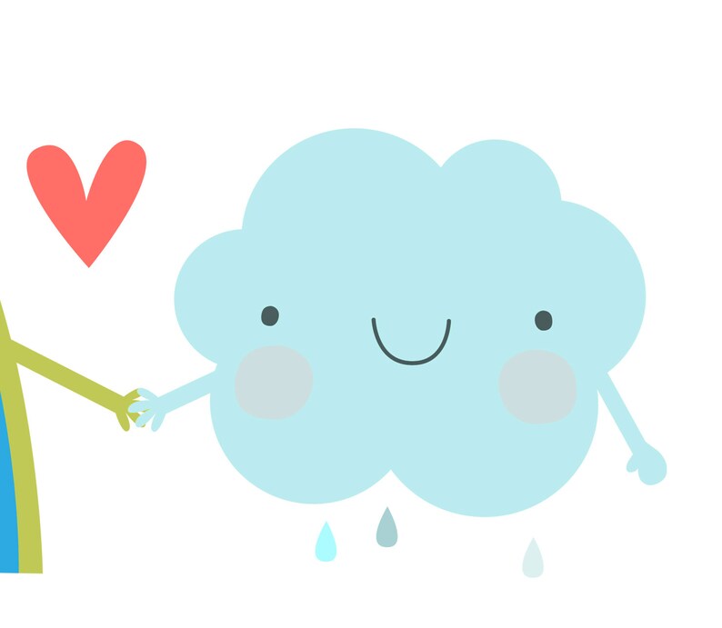 May include: A blue cartoon cloud with a smiling face and two small arms is holding hands with a rainbow. The cloud is raining blue raindrops. A red heart is in the upper left corner of the image.