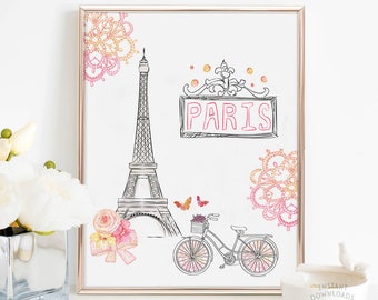 Eiffel Tower Print, Paris Printable, Paris Wall Art, Paris Eiffel Print, Paris Wall Decor, French Printable, French Wall Decor, Bicycle Art